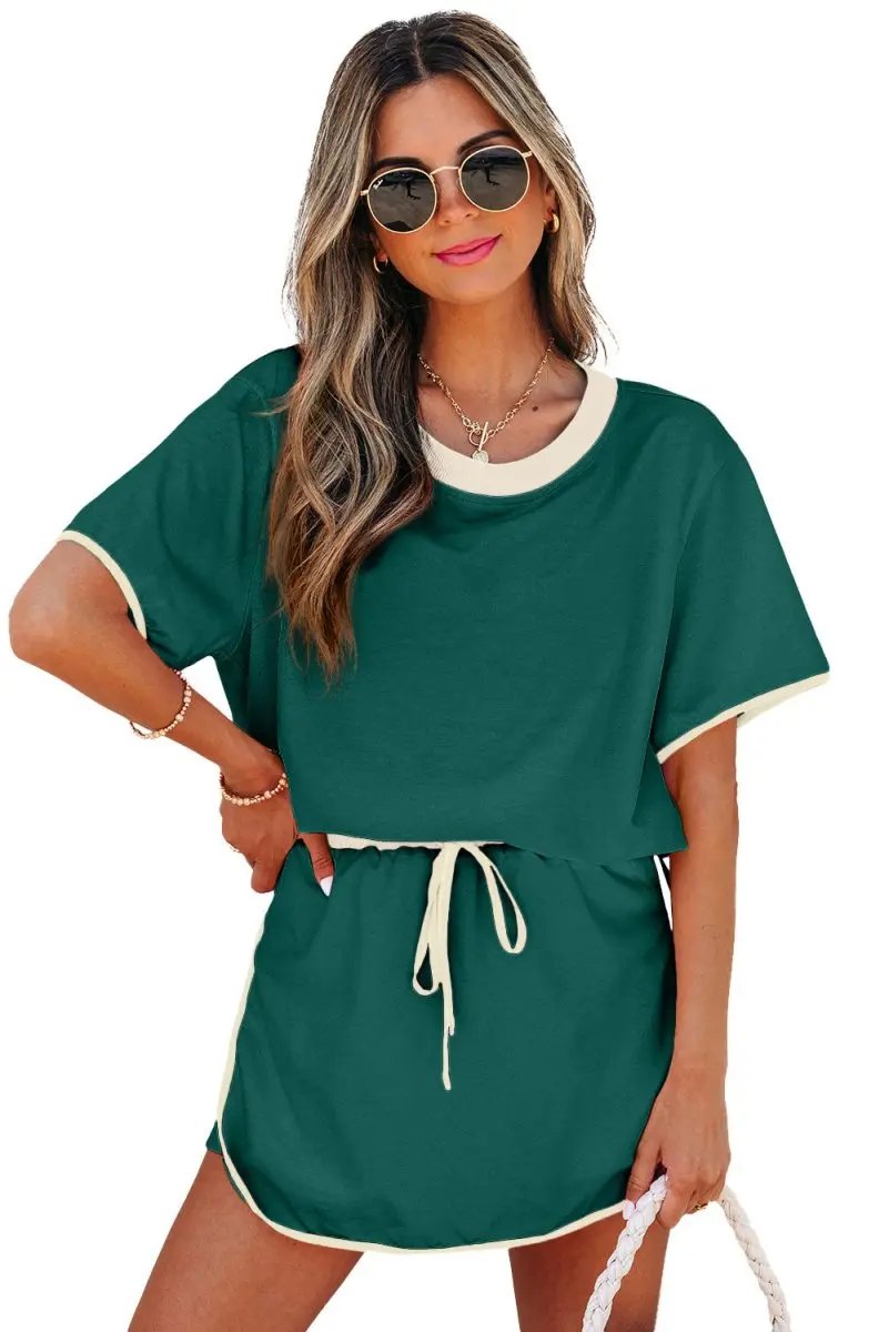 Evergreen Colorblock Edge Drop Shoulder T Shirt and Skort Set - Love Salve